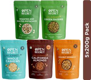 OPEN SECRET Dry Fruit Combo Badam Almonds Cashews Akhrot Walnuts Pista Kishmish Raisins Assorted Nuts (5 x 200 g)