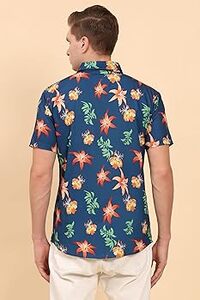 ENCIGER Mens Polyester Regular Fit Printed Casual Short Sleeves Button Down Tropical Shirts (MS1_Blue Orange_S)