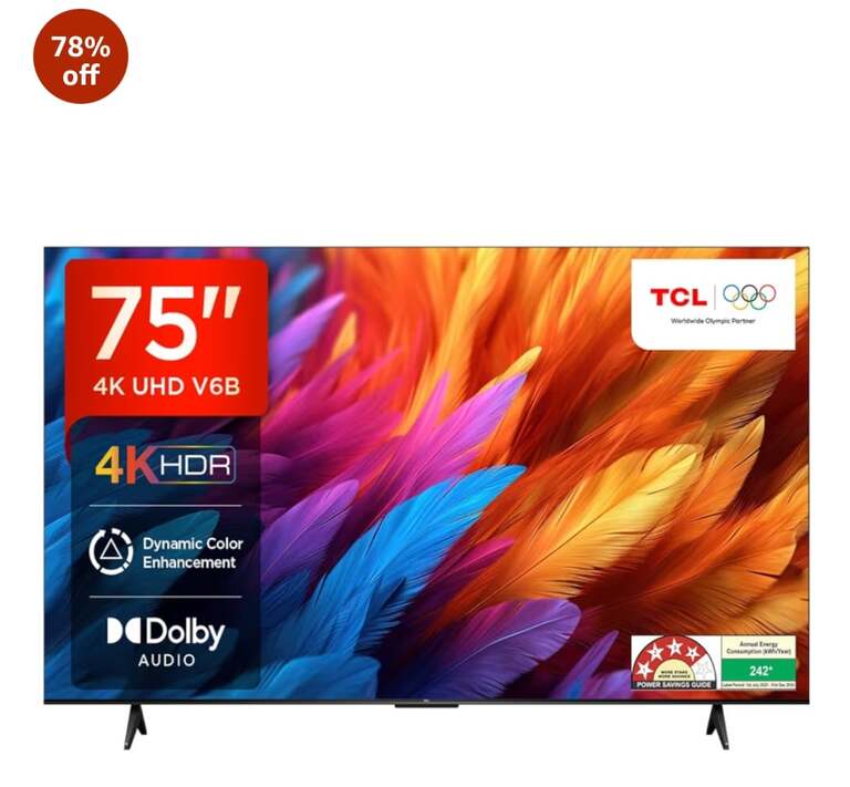 80% off on - TCL 189 cm (75 inches) Metallic Bezel-Less Series 4K Ultra HD Smart LED Google TV 75V6B (Black)  - Rs. 50740