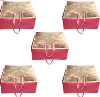 Present 5-Piece Non-Woven Blanket Cover With Handle, Transparent Window, Large Size, Under Bed Storage (Pink)