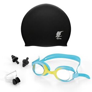 Lifelong Swimming Combo Kit for Kids 5+ Years| Swimming Goggles, Swim Cap with Earplug, NoseClip| Easy Fit Swimming Accessories| Waterproof Swimming Cap| Anti-Fog Glasses(Blue)