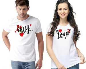 RUBYKNITS Pack of 2 Couple Printed Round Neck Polyester White T-Shirt