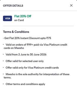 Meesho: Flat 20% OFF up to ₹75 on VISA Platinum Credit/Debit Cards | MOV: ₹99