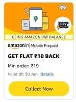 Get Flat ₹10 back on min ₹19 Mobile prepaid Recharge using Amazon Pay Balance (User Specific)