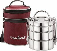 Neelam Stainless Steel Lunch Box/Tiffin with Bag, 3-Tier Container, 1100 ml
