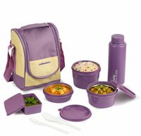 CELLO MF All In One Lunch Box with Bag for Office Use Purple | 225ml, 375ml, 550ml Microwave Safe Containers, 175ml Salad Box, 900ml Bottle with Fork & Spoon, Airtight Leak Proof Tiffin Box for Travel

