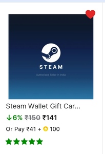 Flipkart- ₹150 Steam Wallet Gift Card at ₹41 by using 100 sc