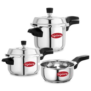 Lifelong Stainless Steel Pressure Cooker | Set of 3 | 2L, 3L & 5L | Induction & Gas Stove Compatible with Outer Lid
