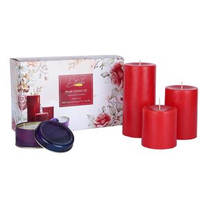 D'Velas™ Pack of 3 Unscented Red Pillar Candles | Burn Time 50/65/80 Hours | Bonus 3oz Scented Travel Tin | Long-Lasting Paraffin Wax Candles for Home Décor, Festive Use & Events 