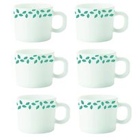 Borosil Larah Blue Leaves Opalware Cup Set (White, 100 Ml) - 6-Pieces 