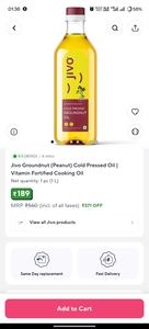 Zepto - Jivo Cold Pressed Ground Nut Oil 1L @ ₹189