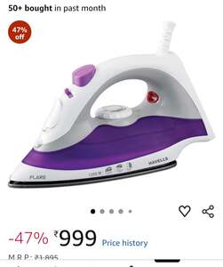 Havells Plastic Flare 1250 Watts Steam Iron With Vertical & Horizontal Ironing (Purple) 
