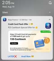 Bajaj Finance: Up to ₹25 Cashback on 3 Credit Card Bill Payments of ₹100+ | 2–5 PM | 19–31 Aug | Got ₹9 Cashback | User specific