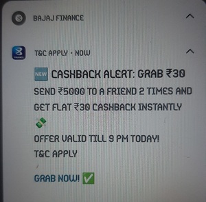 Bajaj Finance - Flat Rs. 30 cashback on Send Money of Rs. 5000 2 times to a friend (Valid till 9 PM today)