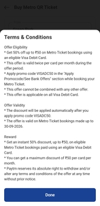 Paytm: Get 50% off upto 50 rs on Metro ticket booking using VISA DC & CC