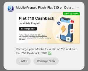 Bajaj Finserv Flat 10 Cashback on minimum mobile recharge of Rupees 10 ( 6pm-10pm)