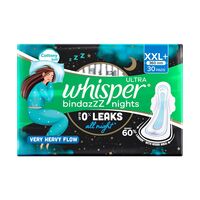 Whisper Bindazzz Nights 30 XXL+ Sanitary Pads, Upto 0% Leaks All Night Long, For Very Heavy Flow, Nearly 60% Longer with Wider Back, Active odor lock so you feel fresh, Disposable Wrapper 