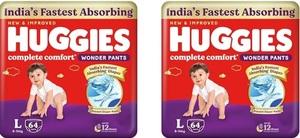 Huggies Complete Comfort Wonder Pants | Pant Style Baby Diapers L Size, 64 Count | India's Fastest Absorbing Diaper, Patented Dry Xpert Channel, Ideal for 9 to 14 Kgs (Pack of 2)