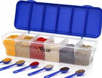 RILION Multipurpose 6-in-1 Masala Box for Kitchen| Airtight BPA-Free Plastic 6 Section Storage Container with 6 Spoons, 1800 ml Transparent Pickle Box for Spices| Dry Fruits, Snacks Pack Of 1 Blue
