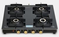 Cello Black Pearl 4 Burner Toughened Glass Top Gas Stove, Brass Burners, Black Finish Glass