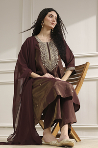 BIBA Wine Yoke Embroidered Straight Kurta with Palazzo & Dupatta