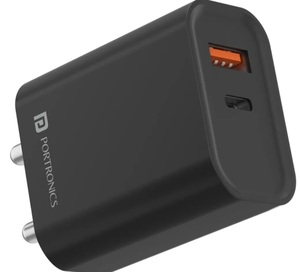 Portronics Adapto 45 GaN 22.5W Fast Charger, USB & Type-C Dual Port Wall Adapter, PD 3.0 Fast Charging Adaptor for Type C Devices (Black)