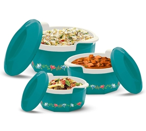 MILTON Elegance Jr. Inner Stainless Steel Casserole Gift Set Of 3 (395 Ml, 750 Ml, 1.35 Litres), Green | Pu Insulated | Bpa Free | Food Grade | Hot & Cold | Easy To Carry, Blue-Green