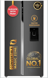 Haier Smart Choice 596L 3 Star Frost Free Expert Inverter Smart Sense AI enabled 2-Door Side by Side, In-built Water Dispenser Refrigerator (HRS-682WGKU1, Graphite Black, Magic Convertible,2026 Model)