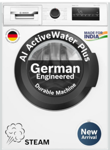 Bosch 9 kg 5 Star Front Load Fully-Automatic Washing Machine, AI ActiveWater, 14 Wash Programs, Removes 99.9% Germs with Steam, No Tangle or Wrinkle, SoftCare Paddle,Zero Vibration, White, WGA14200IN