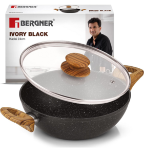 Bergner Ivory Black Granite Non-Stick 24cm (2.5L) Kadai with Glass Lid, 3-Layer Marble Healthy Non-Stick Coating, Forged Aluminium, Soft Touch Handles, PFOA Free, Induction and Gas Stove Ready - Black