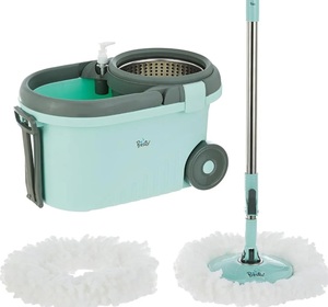 Amazon Brand – Presto! Clean Steel Spin Mop | Plastic & Stainless Steel | 2 Microfiber Refills | Big Wheels with Drag Handle | 360° Spin | Telescopic Handle | Green
