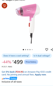 Pigeon Hair Dryer| 1000 Watts| 2 Speed & Temperature (Hot/Cool)| Foldable Handle| For Women and Men| 2 Years Warranty| Pink