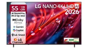 LG 139 cm (55 inch) Ultra HD (4K) LED Smart WebOS TV 2026 Edition with NANO Detail Enhancer, HDR10 Pro, 4K Super Upscaling Alpha7 Al Processor 4K Gen9, Dolby Atmos, Al Sound Pro (9.1.2 ch),