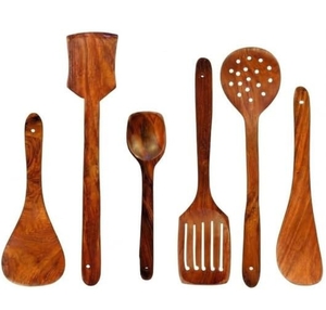 Green Wood Stylish Wooden 6 Pcs Cooking Spoon, Kitchen Tool Set - Serving Spoon, Table Spoon, Salad Spoon, 