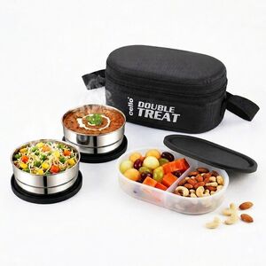 cello Double treat Lunch Box - 3 container 3 Containers Stainless Steel, Plastic Office Lunch Box (300 ml, Microwave Safe)
