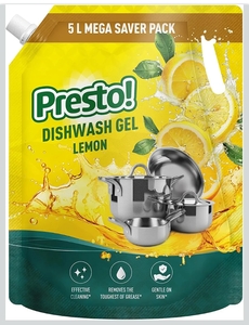 Amazon Brand - Presto! Dishwash Gel | Lemon | 5 L Refill Value Pack | Dishwash Liquid | Cuts Through Grease | Safe On Hands

