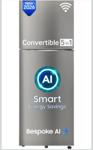 Samsung 330 L, 2 Star, Convertible 5-in-1, Digital Inverter, Frost Free Double Door, WiFi Bespoke AI Refrigerator (RT34HG5A42SLHL, Silver, Ez Clean Steel, 2026 Model)